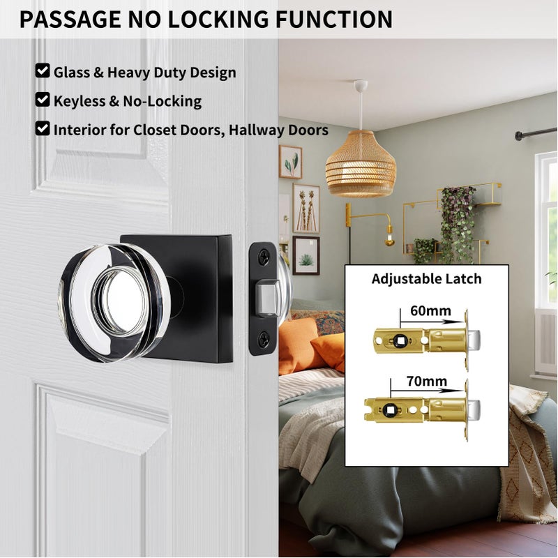 naubea Matte Black Door Knob Crystal Door Knobs Interior Passage Door Knobs for Closet, Passage Glass Door Handle for Hall - Image 3